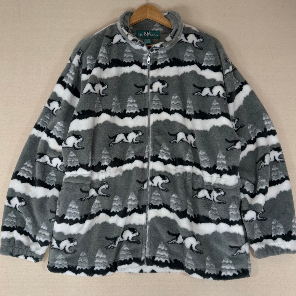 Big Dogs Fleece Jacket Mens Medium Gray All Over Print Full Zip Running Dog Tree